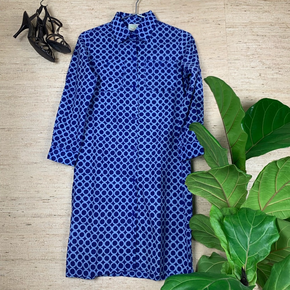 Three Islands Blue Batik Button Down Shirt Dress